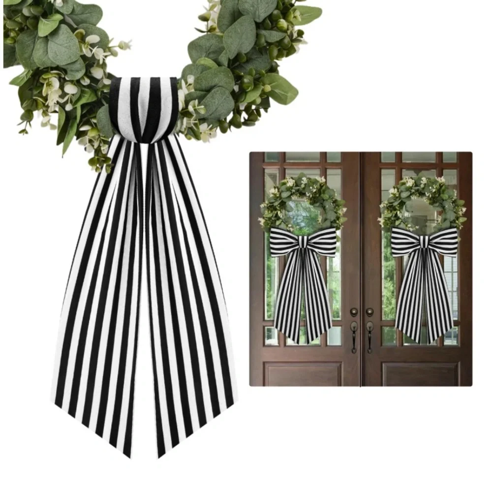 Boxwood Wreath Sash Garland Black White Striped
